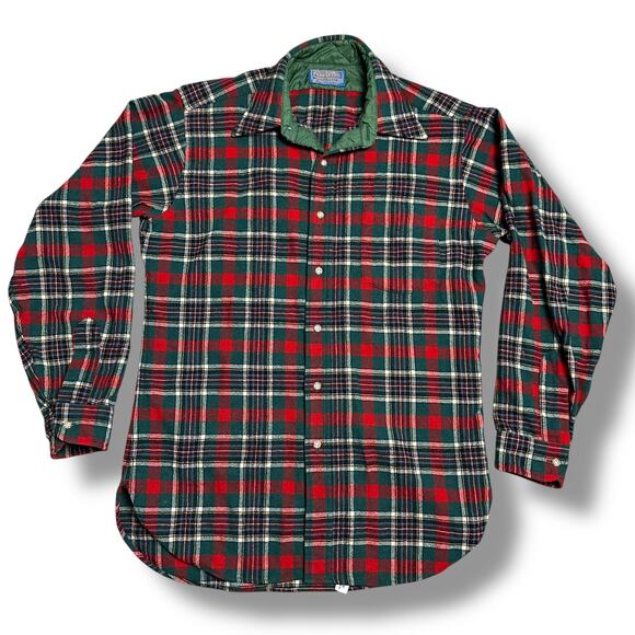 Vintage 60s Pendleton Red Green Plaid Wool Flannel Button Down Shirt Tartan Sz M - Picture 1 of 7